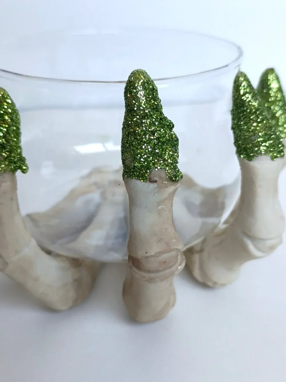 Set of 2 Halloween Ghoul Skelton Hand Glitter Nails Orange Green Candle Holders